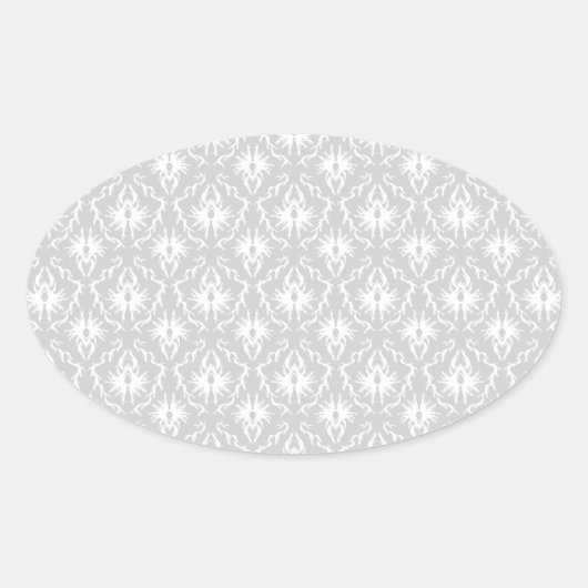 Weiß und Pastellgrau Damask Design. Ovaler Aufkleber (Vorderseite)