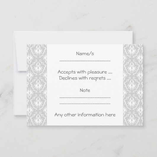 Weiß und Pastellgrau Damask Design. RSVP Karte (Vorderseite)