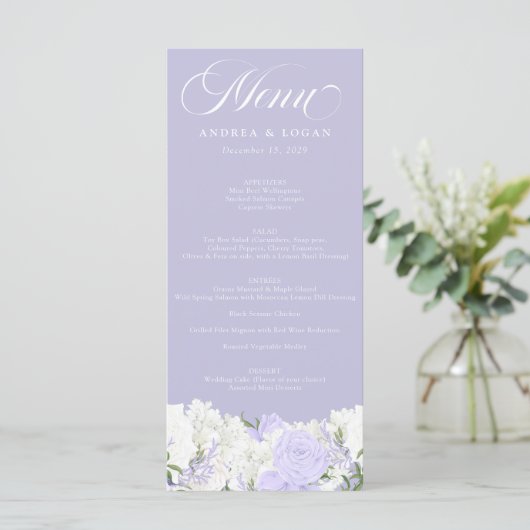 Weiß und Periwinkle | Hochzeitsmenü Menükarte (Stehend Vorderseite)