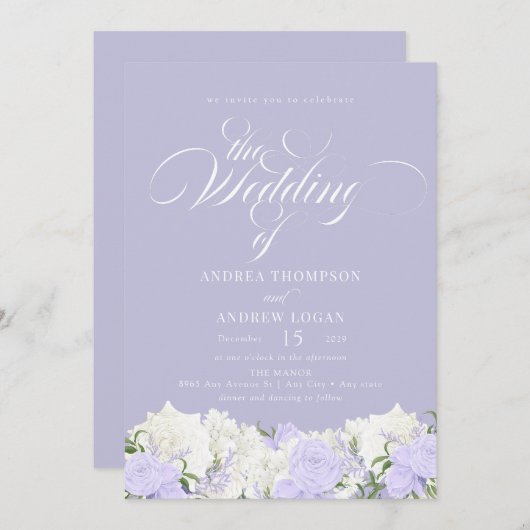 Weiß und Periwinkle | Romantische Blume Hochzeit Einladung (Vorne/Hinten)