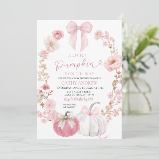 Weiß und rosa Coquette Kleiner Kürbis auf dem Weg Einladung (Stehend Vorderseite)