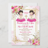 Weiß und rosa Girl Twin Presentacion De 3 Años Einladung (Vorderseite)