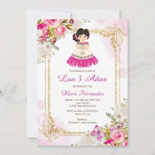 Weiß und rosa Kleid Mexikanisches Mädchen Dritter  Einladung (Vorderseite)