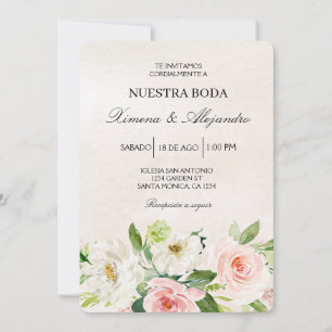 Weiß und rosa Spanisches Hochzeitsbeige Einladung