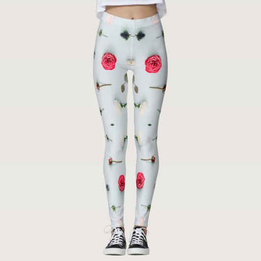 Weiß und Rose 2x2 Blumenmuster Flitterwochen Stil Leggings (Vorderseite)