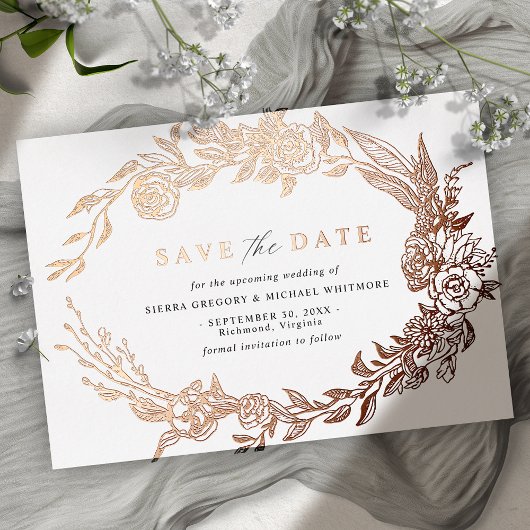 Weiß und Rose Gold | Modern floral Save the Date Folieneinladung