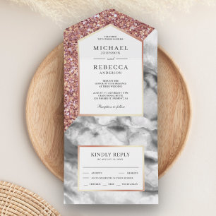 Weiß und Roségold Glitter Grauer Marmor Hochzeit All In One Einladung