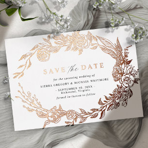 Weiß und Roségold Moderne Florale Save-the-Date- Folieneinladung