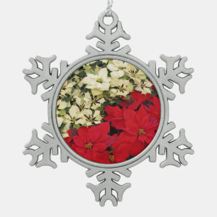 Weiß und rot Poinsettias I Holiday Floral Schneeflocken Zinn-Ornament