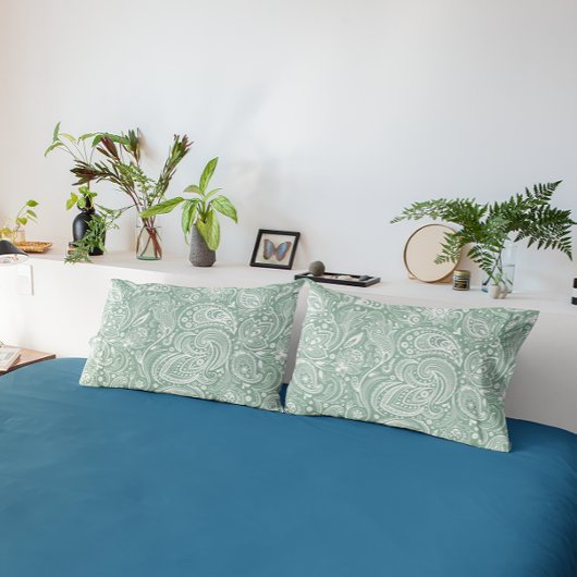 Weiß und Sage-Green Paisley Muster Kissenbezug