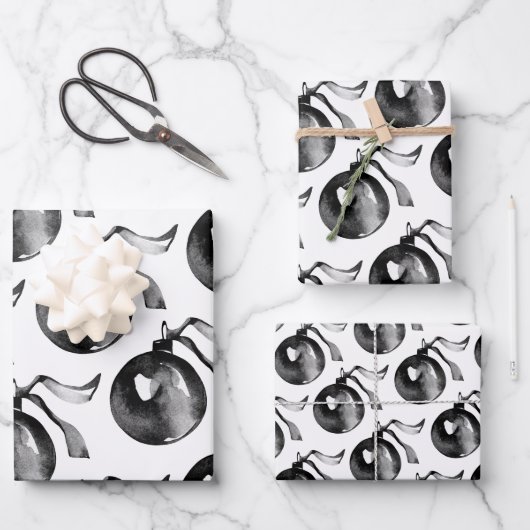 Weiß und Schwarz-Ball-Ornament und Band Geschenkpapier Set (Vorderseite)