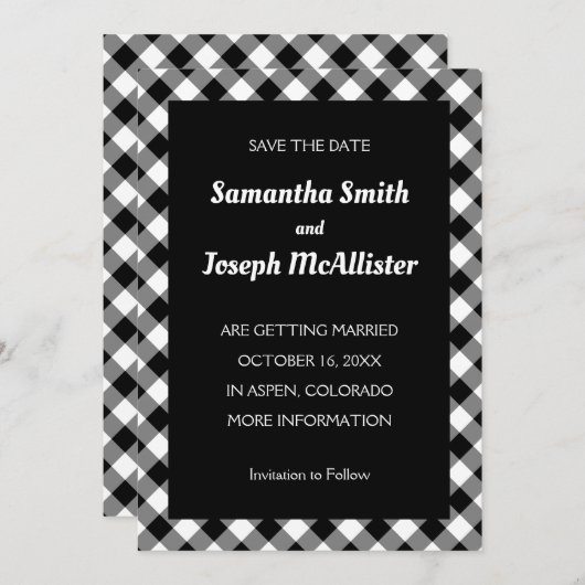 Weiß und Schwarz Buffalo Save the Date Kariert Einladung (Vorne/Hinten)