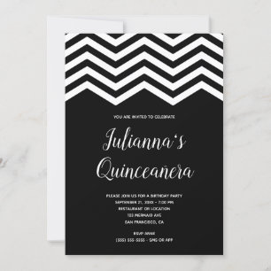 Weiß und Schwarz Chevron Beschnitt Quinceañera Geb Einladung