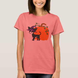 Weiß und Schwarz Chihuahua mit Halloween Pumpkin T-Shirt