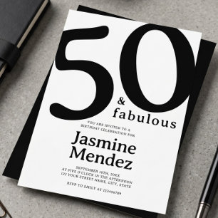 Weiß und Schwarz Elegant 50 & Fabelhaft Geburtstag Einladung