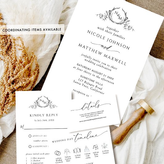 Weiß und Schwarz, elegante Mongramm-Hochzeit Einladung