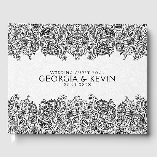 Weiß und Schwarz Floral Paisley Lace Gästebuch (Vorderseite)
