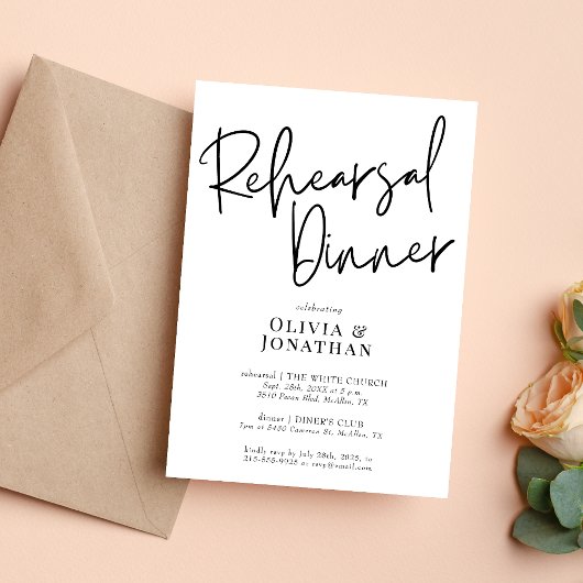 Weiß und Schwarz Hochzeit Probe Dinner Einladung