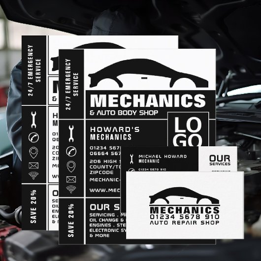 Weiß und schwarz Logo, Auto Mechanik Visitenkarte