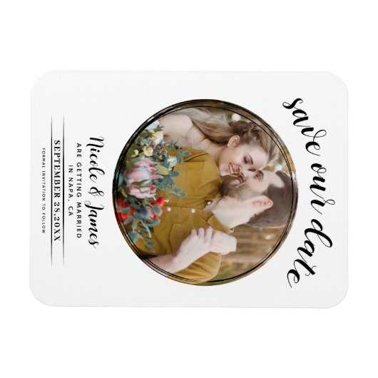 Weiß und Schwarz Modernes RundFoto Save the Date Magnet (Horizontal)