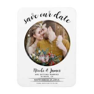 Weiß und Schwarz Modernes RundFoto Save the Date Magnet