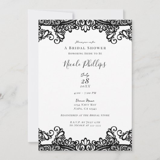 Weiß und schwarz Spitzen Elegantes schicke Brautpa Einladung (Vorderseite)