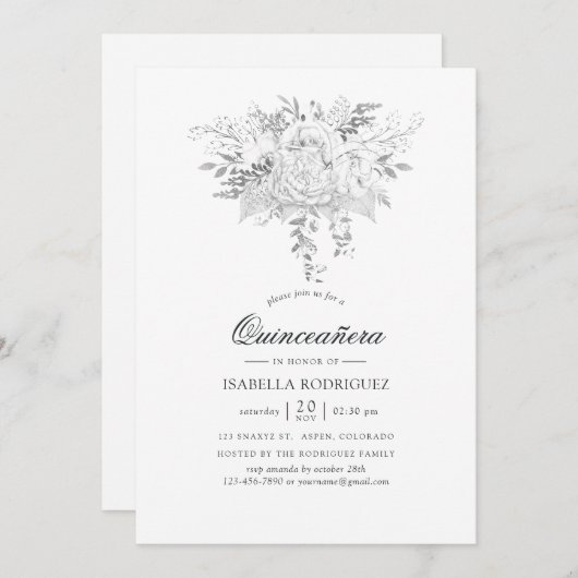 Weiß und silber, Vintage Quinceñera Einladung (Vorne/Hinten)
