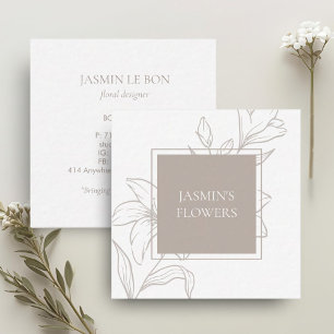 Weiß und Taupe Chic Floral Label Quadratische Visitenkarte