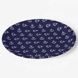 Weiß verankert Marine-Blau-Hintergrund-Muster Pappteller