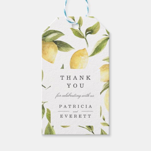 Weiß | Zitronen und grüne Blätter Hochzeit danke Geschenkanhänger (Vorderseite)