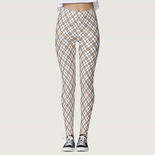 Weißbeige schwarze diagonale, karierte Muster Leggings (Vorderseite)