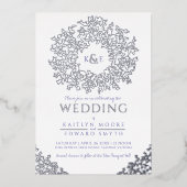 Weißblauer Hochzeitskranz Blätter silber Folieneinladung (Vorderseite)