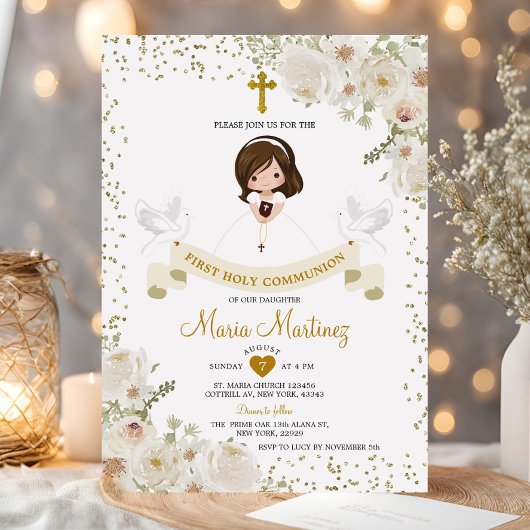 Weißblütenmädchen 1. Glitzer der heiligen Kommunio Einladung