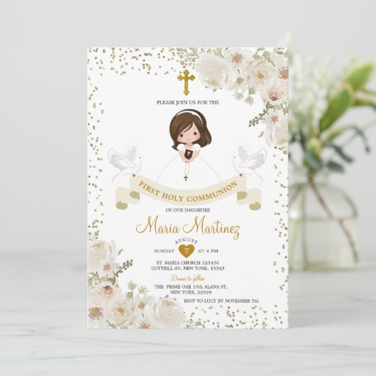 Weißblütenmädchen 1. Glitzer der heiligen Kommunio Einladung (Stehend Vorderseite)