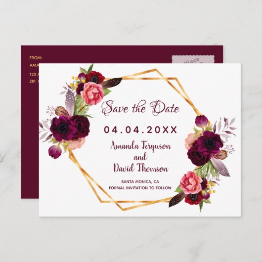 Weißbordeauxblumen Save the Date Hochzeiten Ankündigungspostkarte (Vorne/Hinten)