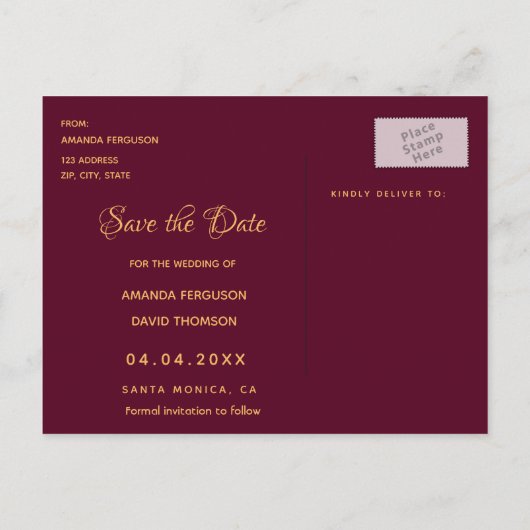 Weißbordeauxblumen Save the Date Hochzeiten Ankündigungspostkarte (Rückseite)