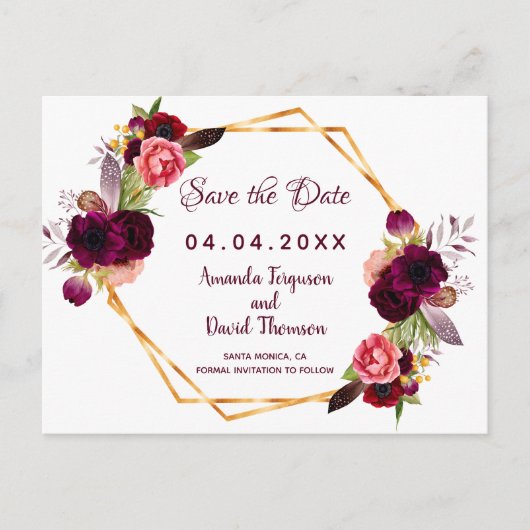 Weißbordeauxblumen Save the Date Hochzeiten Ankündigungspostkarte (Vorderseite)
