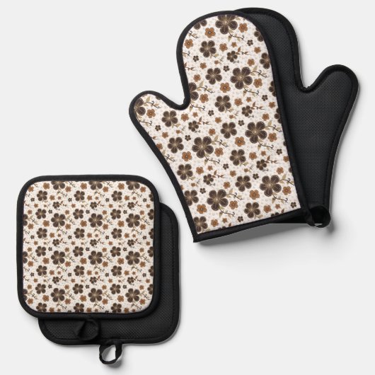 Weißbraune natürliche Blume Ofenhandschuh & Topflappen-Set (Vorderseite/Rückseite)