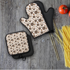 Weißbraune natürliche Blume Ofenhandschuh & Topflappen-Set