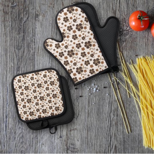 Weißbraune natürliche Blume Ofenhandschuh & Topflappen-Set