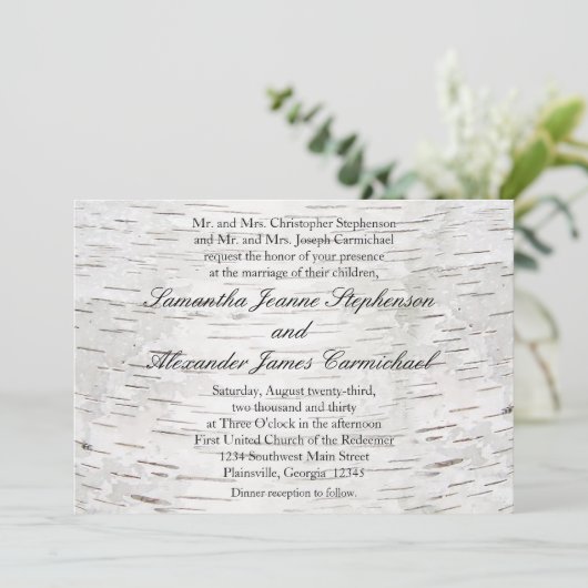 Weißbuch Birkenbaum Barke Rustikale Holzhochzeit Einladung (Stehend Vorderseite)