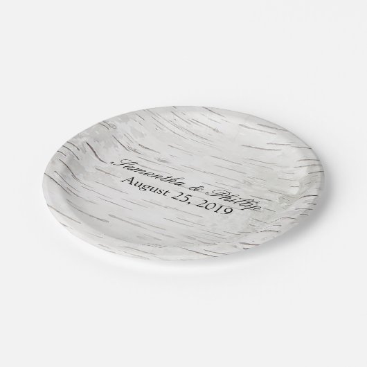 Weißbuch Birkenbaum Barke Rustikale Holzhochzeit Pappteller (Schrägansicht)