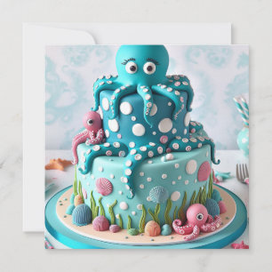 WEISSCH BLAUER OCTOPUS THEMED GEBURTSTAGSKAKE EINLADUNG