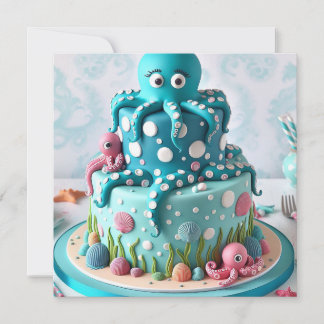 WEISSCH BLAUER OCTOPUS THEMED GEBURTSTAGSKAKE EINLADUNG