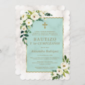 Weißcreme-Blume Spanisch 1. Geburtstag Taufe Einladung (Vorne/Hinten)