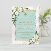 Weißcreme-Blume Spanisch 1. Geburtstag Taufe Einladung (Stehend Vorderseite)
