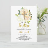 Weißcreme-Rose Taufe Einladung (Stehend Vorderseite)