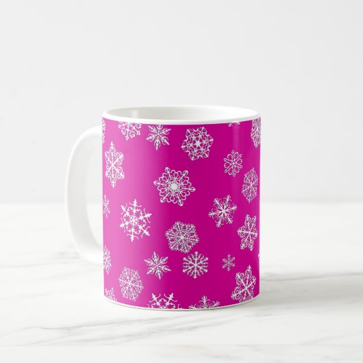 Weiße 3-D-Schneeflocken auf fuchsienrosa Hintergru Kaffeetasse (Vorderseite Links)