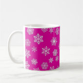 Weiße 3-D-Schneeflocken auf fuchsienrosa Hintergru Kaffeetasse (Links)