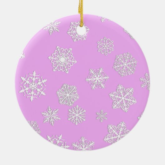 Weiße 3-D-Schneeflocken auf orchigem Hintergrund Keramikornament (Hinten)